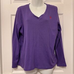 US Polo Assn Women XXL Purple Ribbed V Neck Long Sleeve Shirt Cotton Horsemen